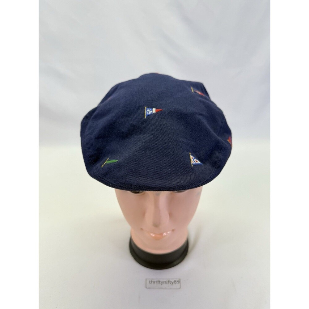 Rugby Ralph Lauren Navy Flags Embroidered Drivers Cap Hat VTG Newsboy Viscose